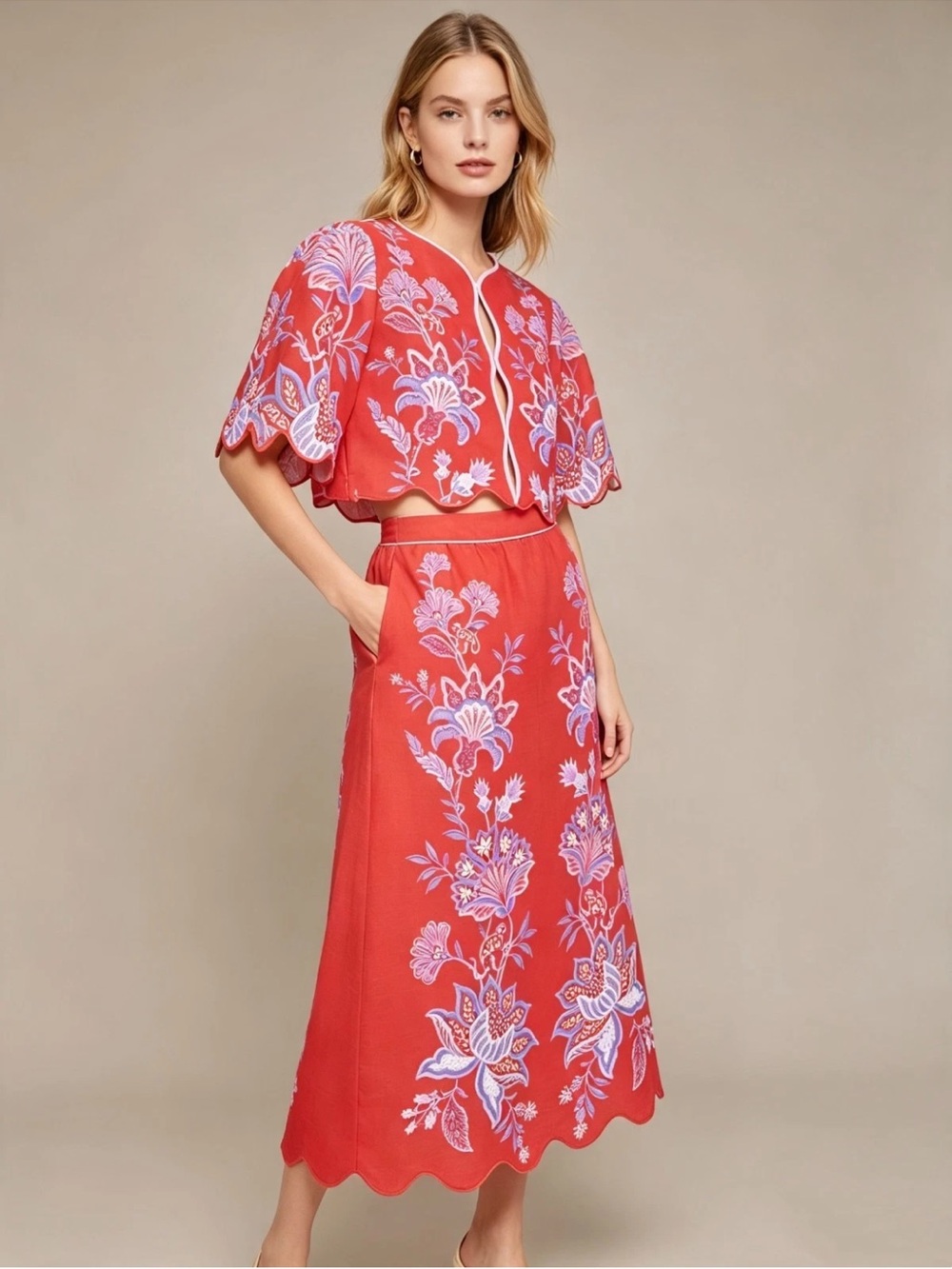 FARM Rio Red Midi Skirt and Cropped Jacket Set with Purple Floral Embroidery